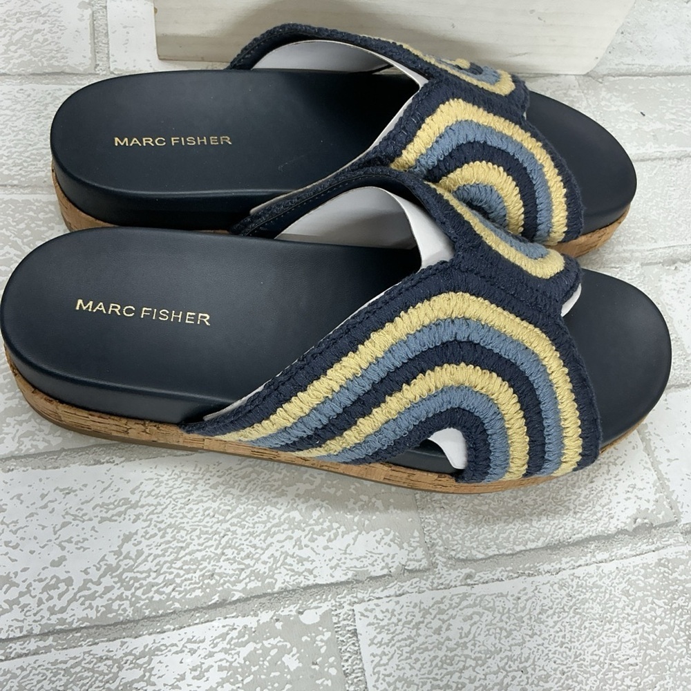 Marc Fisher Blue and Cream Slide Sandals